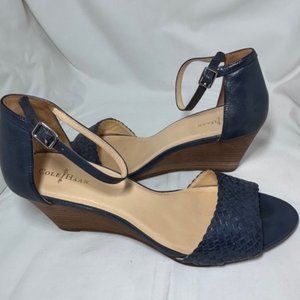 Cole Haan Bright Navy Ankle Strap Wedge Heel W/Braid Detail Front